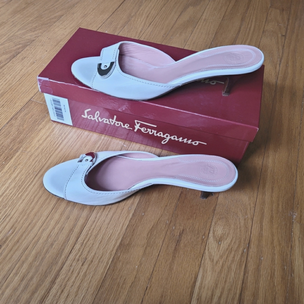 Bally bone-colored sandals, 9.5, kitten heels, gently used.